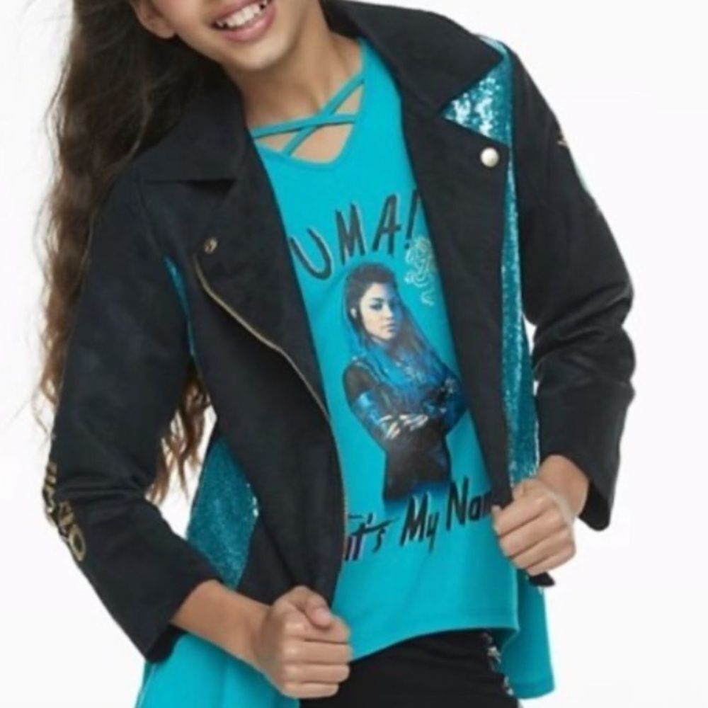 D-Signed Disney Descendants Kids Blue Sequin Moto Girl Jacket Size M